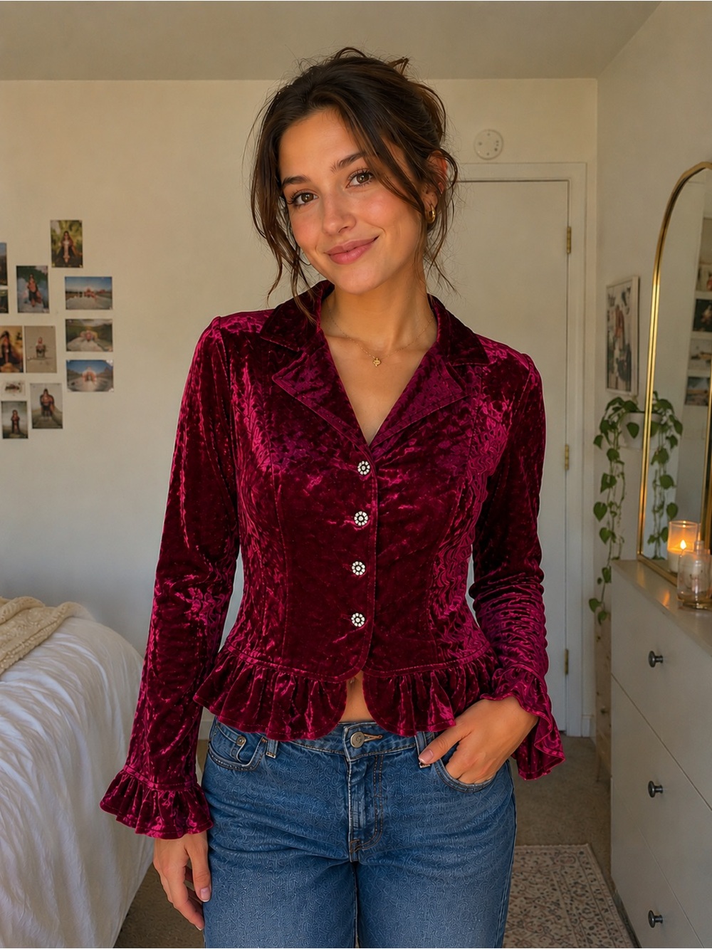 Vintage 90s Crushed Velvet Button Blouse